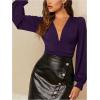 image:imageGORGLITTER Womens Sexy Ruched Deep V Neck Long Sleeve Bodysuit Plunging Neckline Leotard ShirtsViolet Purple