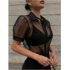 image:imageGORGLITTER Womens Sheer Puff Sleeve Tops Blouse Dressy Casual Y2K Mesh Cropped Button Down Shirt Concert Going Out TopBlack Mesh