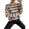 image:imageGORGLITTER Womens Striped Drop Shoulder Sweater Oversized Crew Neck Knit Sweaters Pullover TopLight Khaki