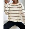 image:imageGORGLITTER Womens Striped Drop Shoulder Sweater Oversized Crew Neck Knit Sweaters Pullover TopWhite and Brown