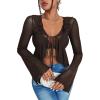 image:imageGORGLITTER Womens Bell Sleeve Tie Front Y2K Tops Classy Cute Sheer Going Out Gothic Concert Mesh Long Sleeve Crop TopsCoffee Brown