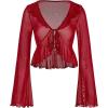 image:imageGORGLITTER Womens Bell Sleeve Tie Front Y2K Tops Classy Cute Sheer Going Out Gothic Concert Mesh Long Sleeve Crop TopsRed