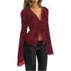 image:imageGORGLITTER Womens Bell Sleeve Tie Front Y2K Tops Classy Cute Sheer Going Out Gothic Concert Mesh Long Sleeve Crop TopsRed Floral