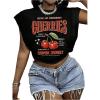 image:imageGORGLITTER Womens Graphic Print Cap Sleeve Crop Top Casual Round Neck Short Sleeve TShirtBlack Cherry  Letter