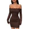 image:imageGORGLITTER Womens Lace Long Sleeves Mini Dress Y2K Fall Sexy Off The Shoulder Bodycon Night Out Birthday Party DressesBrown Petite
