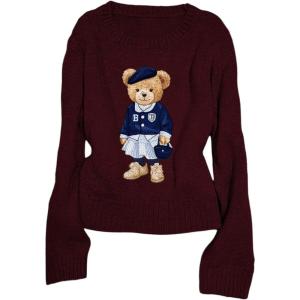 image:imageGORGLITTER Womens Bear Sweater Cute Long Sleeve Crew Neck Knitted Pullover TopsBurgundy Bear
