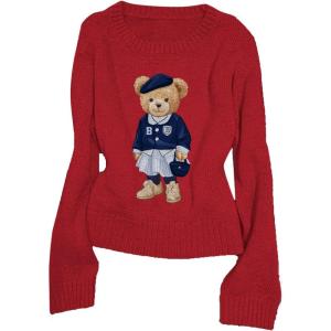 image:imageGORGLITTER Womens Bear Sweater Cute Long Sleeve Crew Neck Knitted Pullover TopsRed