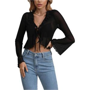 image:imageGORGLITTER Womens Bell Sleeve Tie Front Y2K Tops Classy Cute Sheer Going Out Gothic Concert Mesh Long Sleeve Crop TopsBlack