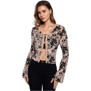 image:imageGORGLITTER Womens Bell Sleeve Tie Front Y2K Tops Classy Cute Sheer Going Out Gothic Concert Mesh Long Sleeve Crop TopsNude
