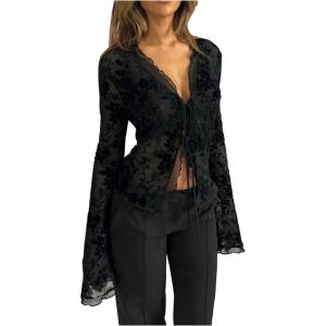 image:imageGORGLITTER Womens Bell Sleeve Tie Front Y2K Tops Classy Cute Sheer Going Out Gothic Concert Mesh Long Sleeve Crop TopsPrint Black