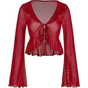 image:imageGORGLITTER Womens Bell Sleeve Tie Front Y2K Tops Classy Cute Sheer Going Out Gothic Concert Mesh Long Sleeve Crop TopsRed