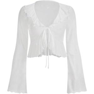 image:imageGORGLITTER Womens Bell Sleeve Tie Front Y2K Tops Classy Cute Sheer Going Out Gothic Concert Mesh Long Sleeve Crop TopsWhite