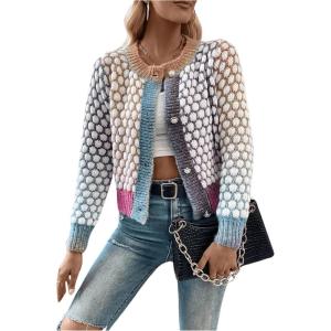 image:imageGORGLITTER Womens Button Up Colorful Cropped Cardigan Fall Clothes Cute Trendy 2025 Knit Tweed Sweater JacketBlue Multi B