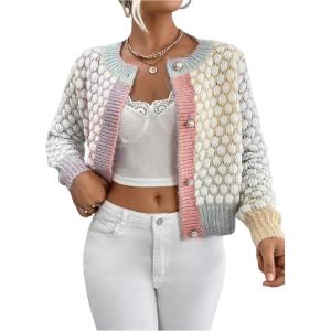 image:imageGORGLITTER Womens Button Up Colorful Cropped Cardigan Fall Clothes Cute Trendy 2025 Knit Tweed Sweater JacketMulticolor Blue and Pink