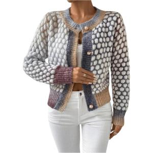 image:imageGORGLITTER Womens Button Up Colorful Cropped Cardigan Fall Clothes Cute Trendy 2025 Knit Tweed Sweater JacketMulticolor Purple B