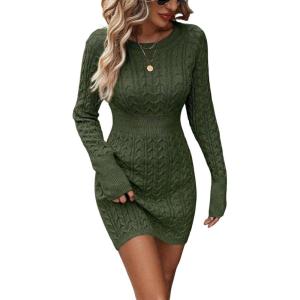 image:imageGORGLITTER Womens Cable Knit Sweater Dress Long Sleeve Knit Fall Winter Dresses Crewneck Mini Pencil DressesArmy Green