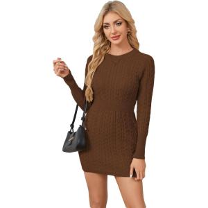 image:imageGORGLITTER Womens Cable Knit Sweater Dress Long Sleeve Knit Fall Winter Dresses Crewneck Mini Pencil DressesBrown