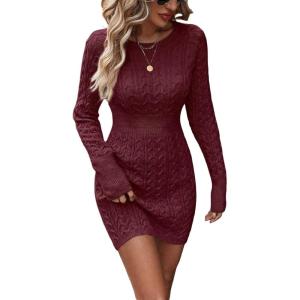 image:imageGORGLITTER Womens Cable Knit Sweater Dress Long Sleeve Knit Fall Winter Dresses Crewneck Mini Pencil DressesBurgundy