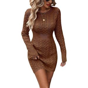 image:imageGORGLITTER Womens Cable Knit Sweater Dress Long Sleeve Knit Fall Winter Dresses Crewneck Mini Pencil DressesChocolate Brown