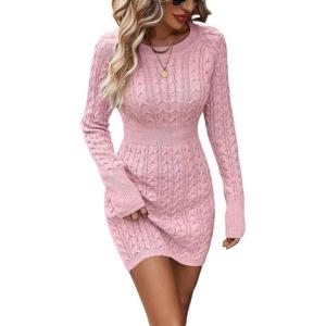 image:imageGORGLITTER Womens Cable Knit Sweater Dress Long Sleeve Knit Fall Winter Dresses Crewneck Mini Pencil DressesPink