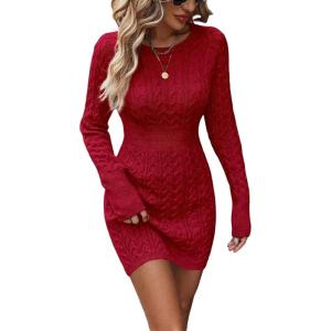 image:imageGORGLITTER Womens Cable Knit Sweater Dress Long Sleeve Knit Fall Winter Dresses Crewneck Mini Pencil DressesRed