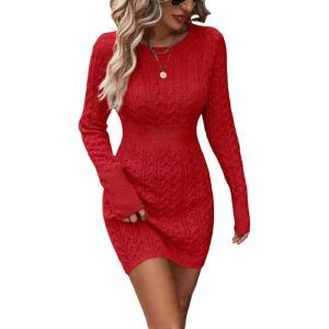 image:imageGORGLITTER Womens Cable Knit Sweater Dress Long Sleeve Knit Fall Winter Dresses Crewneck Mini Pencil DressesSolid Red