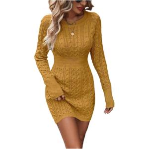 image:imageGORGLITTER Womens Cable Knit Sweater Dress Long Sleeve Knit Fall Winter Dresses Crewneck Mini Pencil DressesYellow