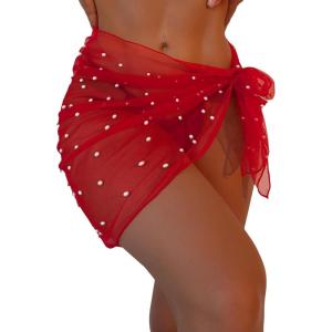 image:imageGORGLITTER Womens Cover Up Sarong Wrap Skirt Bachelorette Outfits for Bride Sheer Mesh Bridal Swimsuit Pearl Bathing SuitRed