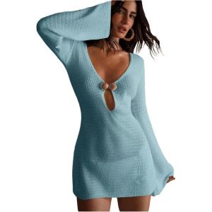 image:imageGORGLITTER Womens Crochet Dress Swimsuit Coverup Long Sleeve Bikini Bathing Suit Swim Suits Beach Cover Ups SwimwearBlue