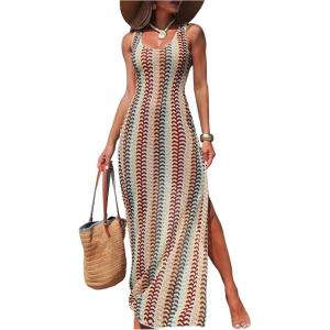 image:imageGORGLITTER Womens Crochet Maxi Dress Beach Vacation Boho Cover Up Swimsuit Summer Sleeveless Bodycon Maxi Long SundressMulticolor