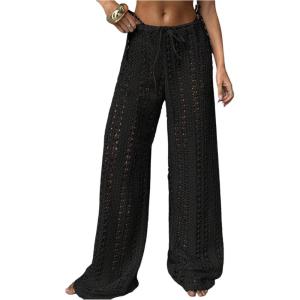 image:imageGORGLITTER Womens Crochet Swimsuit Bathing Suit Beach Cover Up Pants Sheer Swim Coverups Pants Bottom Vacation OutfitsSolid Black