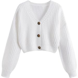 image:imageGORGLITTER Womens Cropped Cardigan Sweaters Light Weight Button Up Chunky Knit Long Sleeve Trendy 2025 Outfits White Medium