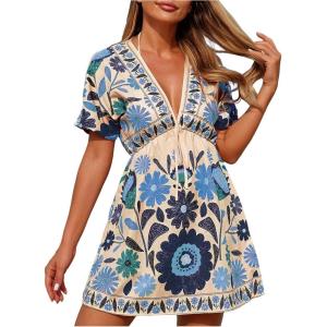 image:imageGORGLITTER Womens Floral Tropical Sun Dress Boho Swimsuit Coverup Bikini Bathing Suit Beach Cover Ups Resort OutfitsBlue