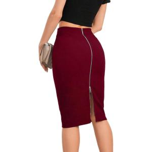 image:imageGORGLITTER Womens Full Length Back Zipper Pencil Skirt Slit High Waist Stretchy Knee Length SkirtBurgundy