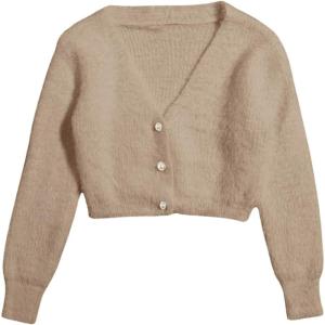 image:imageGORGLITTER Womens Fuzzy Crop Sweater Cardigan 2025 Winter Holiday Outfits Chunky Pearl Button Down Long Sleeve CardiganApricot