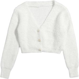 image:imageGORGLITTER Womens Fuzzy Crop Sweater Cardigan 2025 Winter Holiday Outfits Chunky Pearl Button Down Long Sleeve CardiganBeige