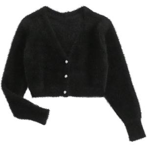 image:imageGORGLITTER Womens Fuzzy Crop Sweater Cardigan 2025 Winter Holiday Outfits Chunky Pearl Button Down Long Sleeve CardiganBlack
