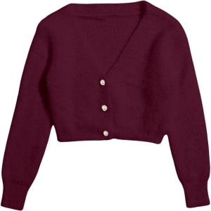 image:imageGORGLITTER Womens Fuzzy Crop Sweater Cardigan 2025 Winter Holiday Outfits Chunky Pearl Button Down Long Sleeve CardiganBurgundy
