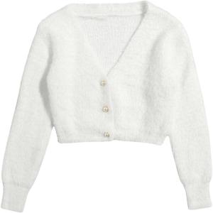 image:imageGORGLITTER Womens Fuzzy Crop Sweater Cardigan 2025 Winter Holiday Outfits Chunky Pearl Button Down Long Sleeve CardiganCream Cardigan