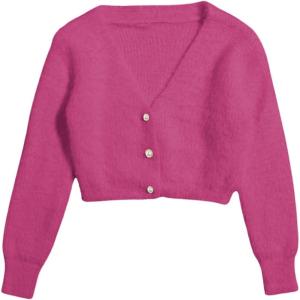 image:imageGORGLITTER Womens Fuzzy Crop Sweater Cardigan 2025 Winter Holiday Outfits Chunky Pearl Button Down Long Sleeve CardiganHot Pink