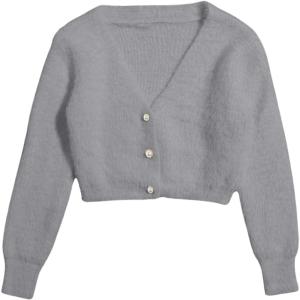 image:imageGORGLITTER Womens Fuzzy Crop Sweater Cardigan 2025 Winter Holiday Outfits Chunky Pearl Button Down Long Sleeve CardiganLight Grey