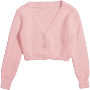 image:imageGORGLITTER Womens Fuzzy Crop Sweater Cardigan 2025 Winter Holiday Outfits Chunky Pearl Button Down Long Sleeve CardiganLight Pink