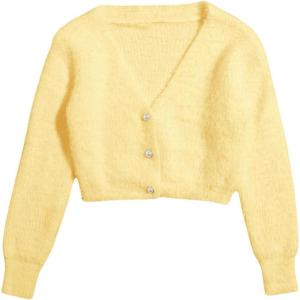 image:imageGORGLITTER Womens Fuzzy Crop Sweater Cardigan 2025 Winter Holiday Outfits Chunky Pearl Button Down Long Sleeve CardiganLight Yellow