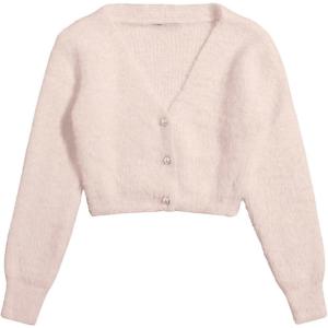 image:imageGORGLITTER Womens Fuzzy Crop Sweater Cardigan 2025 Winter Holiday Outfits Chunky Pearl Button Down Long Sleeve CardiganPink