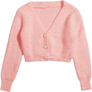 image:imageGORGLITTER Womens Fuzzy Crop Sweater Cardigan 2025 Winter Holiday Outfits Chunky Pearl Button Down Long Sleeve CardiganPink Light