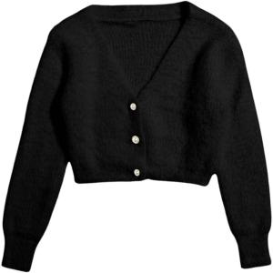 image:imageGORGLITTER Womens Fuzzy Crop Sweater Cardigan 2025 Winter Holiday Outfits Chunky Pearl Button Down Long Sleeve CardiganSolid Black