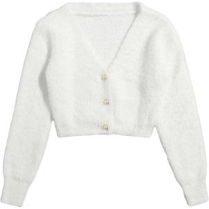 image:imageGORGLITTER Womens Fuzzy Crop Sweater Cardigan 2025 Winter Holiday Outfits Chunky Pearl Button Down Long Sleeve CardiganWhite