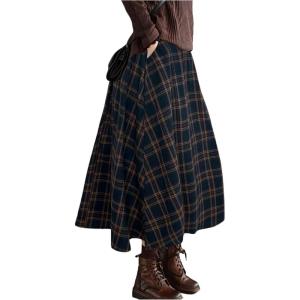 image:imageGORGLITTER Womens Gingham Skirt Casual Dressy Flowy Plaid High Waist Flared Vintage Western A Line Midi Maxi SkirtsDark Blue