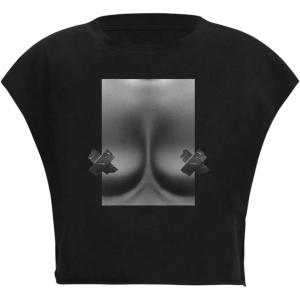 image:imageGORGLITTER Womens Graphic Print Cap Sleeve Crop Top Casual Round Neck Short Sleeve TShirtBlack Figure