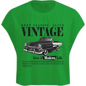image:imageGORGLITTER Womens Graphic Print Cap Sleeve Crop Top Casual Round Neck Short Sleeve TShirtGreen Car  Letter